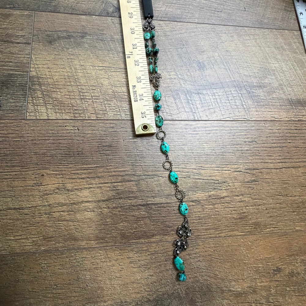 Turquoise Stone Black Leather Chain Belt Rhinestone Drop Size M/L - Picture 8 of 15
